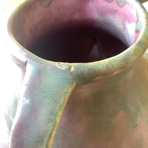 Vintage Greenish Gray Pink Glazed Two Handle Pottery Vase - Picture 7 of 8